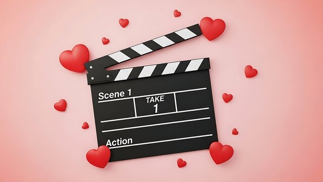 Romantic Film Production Adorable Clapperboard Surrounded by Hearts, Symbolizing Love Stories and Creative Filmmaking