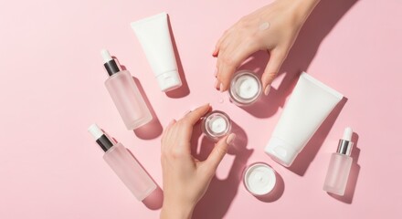 Hands holding skincare products on pink background with cream bottles and tubes