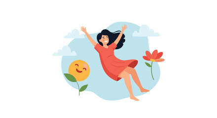 Cheerful woman floating weightlessly in a serene blue sky with fluffy clouds and blooming flowers, symbolizing freedom