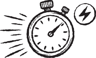 Hand drawn stopwatch doodle icon with speed lines and lightning bolt 