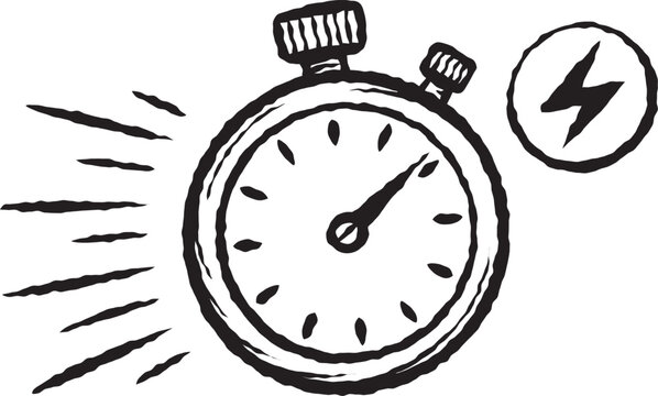 Hand drawn stopwatch doodle icon with speed lines and lightning bolt 