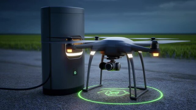 Drone and Charging Station Docked on Asphalt Surface at Dusk with Green Field animated Background