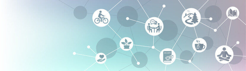 Digital detox vector illustration. Colourful banner with icons related to device free time, connecting with friends & having offline hobbies, well-being & mindfulness, mobile phone detoxification.