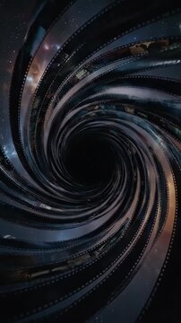 Spiral filmstrip tunnel vortex with cosmic stars and moody lighting creating cinematic spiral film