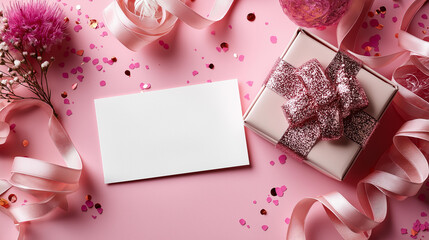 Fototapeta premium Top view of blank white greeting card on pink background with gift box and ribbon, festive flat lay, with copy space