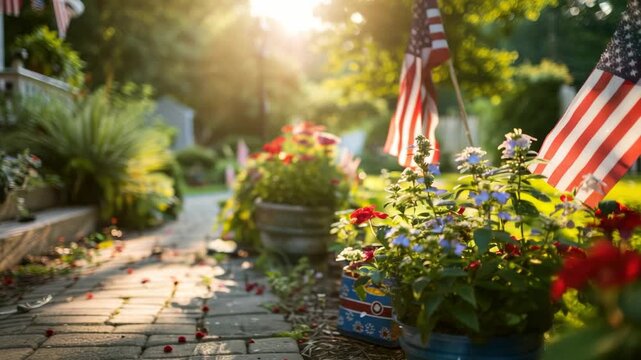 Sunlit garden with American flags, flowers bloom along brick path