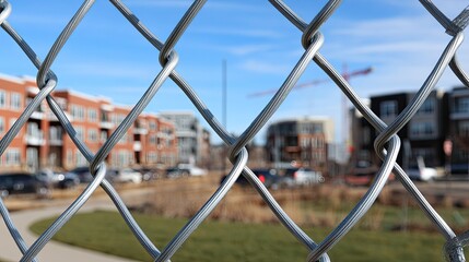 Construction area shows cranes and scaffolding along with a fence and mesh fabric against a clear blue sky during daytime