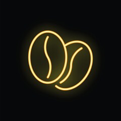 Yellow neon sign showing two coffee beans is glowing on black background