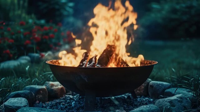 Outdoor firepit ablaze with bright flames surrounded by stones, creating cozy setting