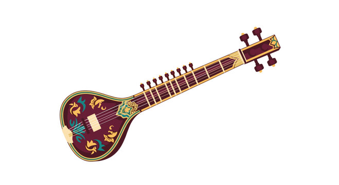 Ornate Indian sitar with intricate golden and teal patterns, featuring a long neck and multiple tuning pegs on a clear