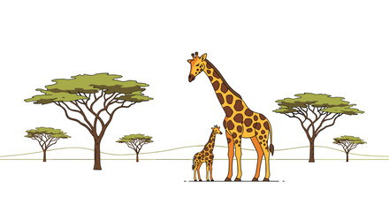 Adult and baby giraffe standing calmly in a sparse African savanna landscape with distinctive acacia trees under a