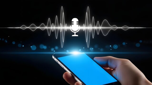 A hand holding a smartphone with a microphone and sound wave graphic