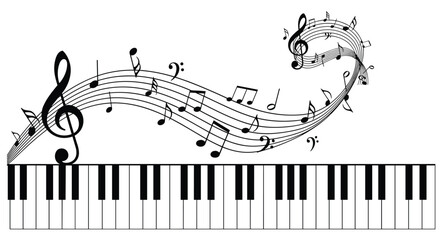 Obraz premium Elegant piano keyboard with musical notes, clefs, and symbols swirling gracefully above, representing harmonious