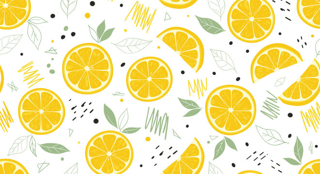 Vibrant citrus pattern featuring juicy lemon slices and playful abstract elements perfect for refreshing summer designs and bright packaging concepts