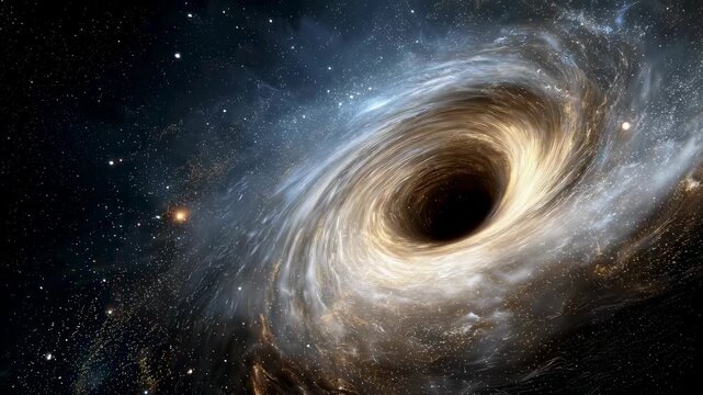 Massive black hole with glowing accretion disk and gravitational lensing effect in deep space surrounded by distant stars