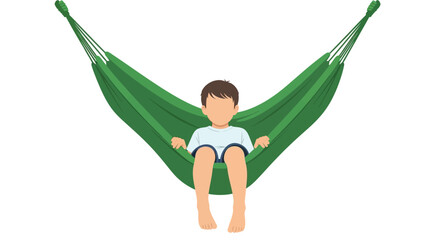 A young boy relaxes in a green hammock enjoying a peaceful moment © Minara
