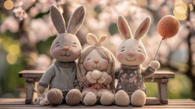 Charming easter bunny family of three plush toys holding orange carrot balloon amid cherry blossom flowers and soft lights