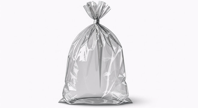 Clear plastic bag tied at the top against a white background