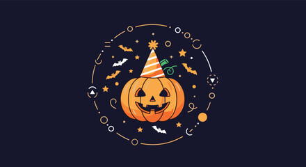 Joyful carved pumpkin wearing a festive party hat surrounded by playful bats and stars, perfect for your spooky season celebrations and whimsical autumn designs.