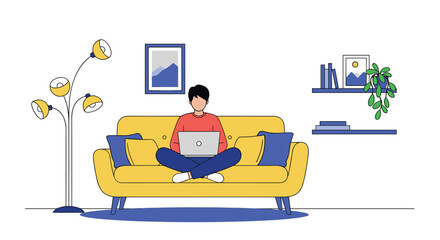 Young man comfortably working on laptop from cozy yellow couch in modern minimalist living room, embodying remote work lifestyle and digital nomad freedom.