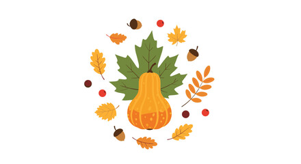 Vibrant autumnal harvest arrangement featuring a decorative gourd surrounded by colorful falling leaves, acorns, and berries, perfect for seasonal celebrations and fall themes.