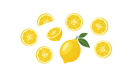 Vibrant yellow lemons and juicy slices scattered across a clean white background, perfect for refreshing summer designs and healthy food promotions.