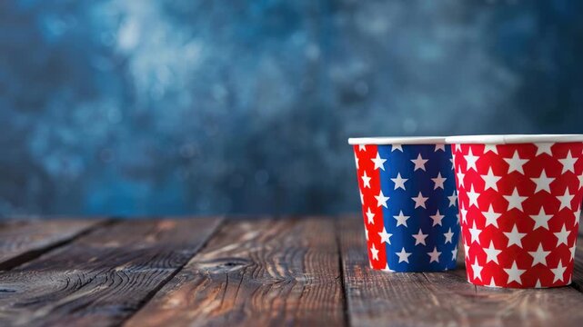 Two patterned paper cups with stars on wooden surface
