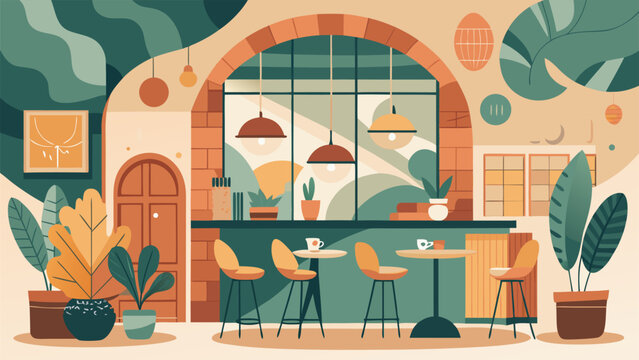 Vector cafe illustration set with people drinking coffee, cozy interior with plants, and minimalist hand-drawn flat design elements..eps