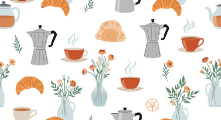 Invigorating morning coffee ritual with fresh croissants and delicate floral arrangements, perfect for cozy cafe vibes and culinary inspiration.