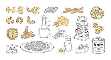 Vibrant Italian culinary collection featuring diverse pasta shapes, fresh tomatoes, basil, cheese, olive oil, and grater for homemade delights.