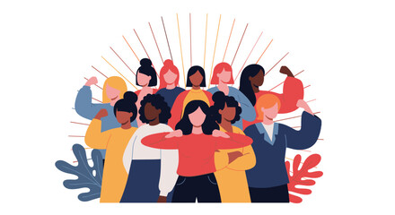 Diverse group of women united, showing strength and solidarity with raised fists and confident stances, celebrating empowerment and collaboration in a modern, vibrant visual.
