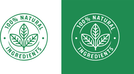 100 Percent Natural Ingredients Green Badge Logo Set with Leaf Icon