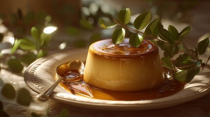 Caramel Flan on Ornate Plate with Golden Spoon