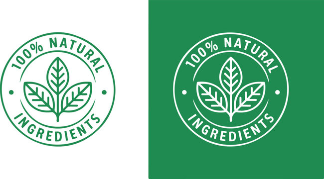 100 Percent Natural Ingredients Green Badge Logo Set with Leaf Icon