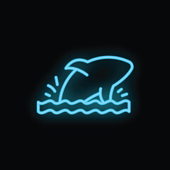 Blue neon sign of a shark jumping out of water on a black background
