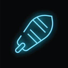 Obraz premium Bright blue neon sign depicting a surfboard, evocative of beach culture, summer vibes, and watersports