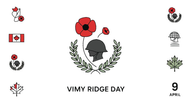 Vimy Ridge Day symbols with poppies and maple leaf poppy Canadian flag military helmet