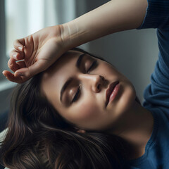 A young adult female with closed eyes rests with her arm over her forehead, conveying a sense of exhaustion, sleep, or a headache. Generative AI.