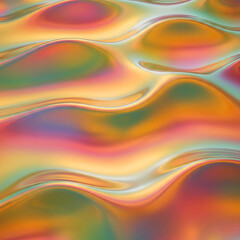 Smooth waves of iridescent liquid display a vibrant spectrum of orange, pink, and green hues with a metallic pearlescent finish. Generative AI