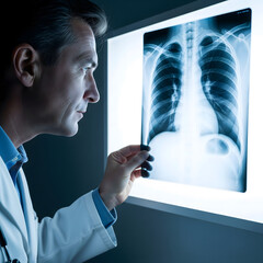 A focused adult male doctor in a white coat examines a chest X-ray on a light box in a medical setting. Generative AI.