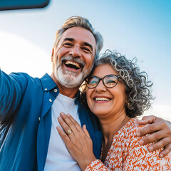 A joyful senior man and senior woman laugh together while taking a bright outdoor selfie under a clear blue sky. Generative AI