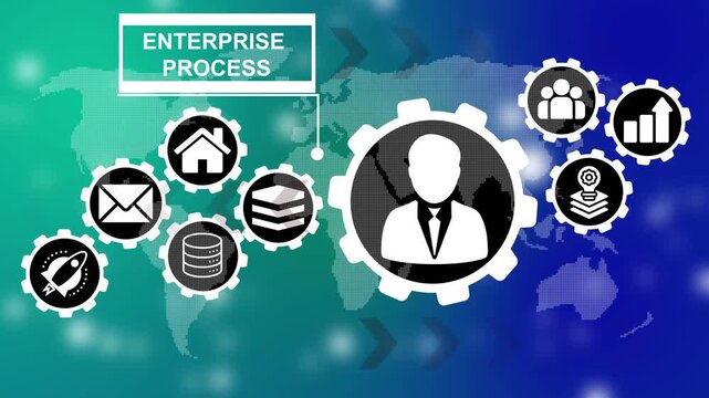 Enterprise Process Concept With Global Network And Icons .Return on assets concept showing financial performance icons connected in a digital network .