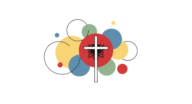 Albanian flag with double headed eagle and cross surrounded by colorful circles white cross