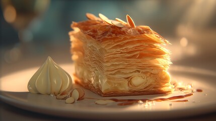 Mille-Feuille Slice with Almonds, Cream Swirl, and Caramel Drizzle