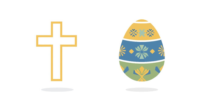 Easter egg and gold cross on white background decorated egg blue