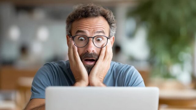 Surprised freelancer working from home office receives shocking news while checking emails on his laptop, expressing astonishment and disbelief
