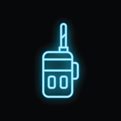 Obraz premium Blue neon walkie talkie glowing on black background is perfect for a communication themed design concept