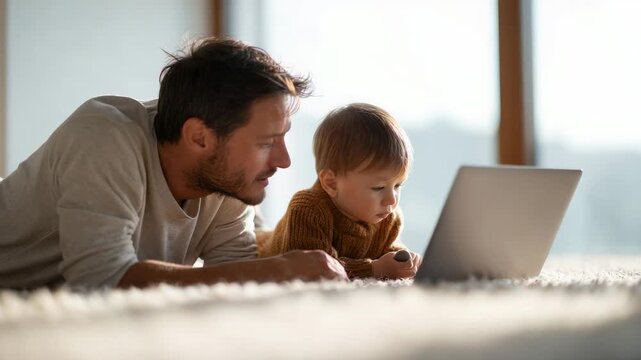 Dedicated father guides his young son through an engaging online learning experience, fostering a strong bond while embracing the flexibility of remote education