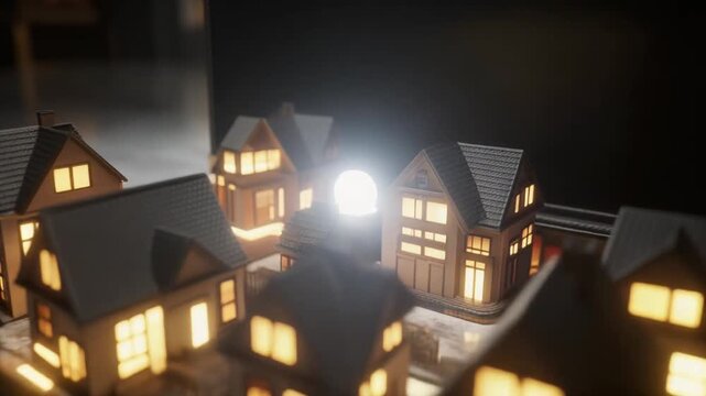 business concept - featuring a luxury briefcase filled with glowing miniature homes  transitioning into abstract light and black fade.