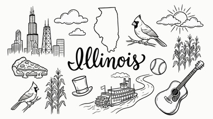 Naklejka premium Illinois State Culture Vector Illustration – Chicago Skyline, Agriculture, Lincoln, Sports, and Cuisine Icons for Regional Identity and Travel Design Use